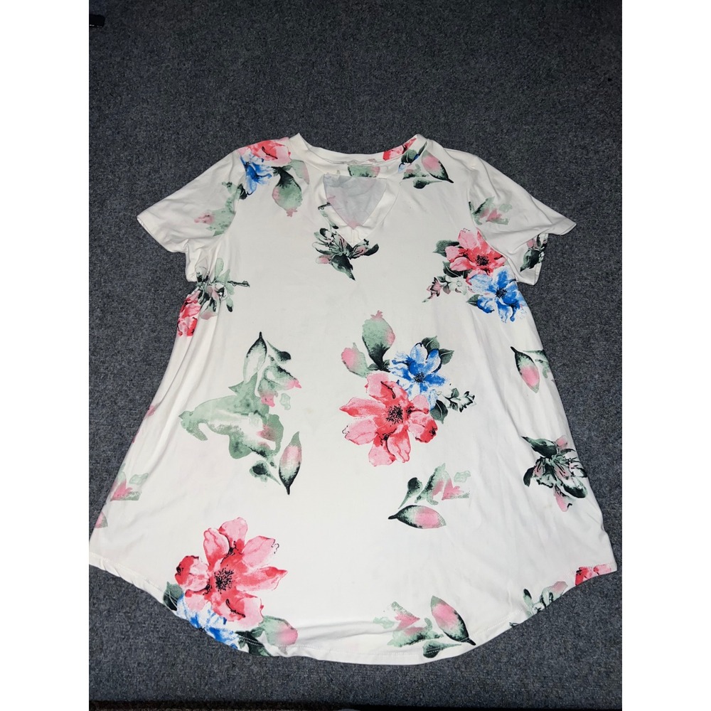 Reb & J. Women White Floral Keyhole Neck Short Sleeve Tunic Top Size 2XL